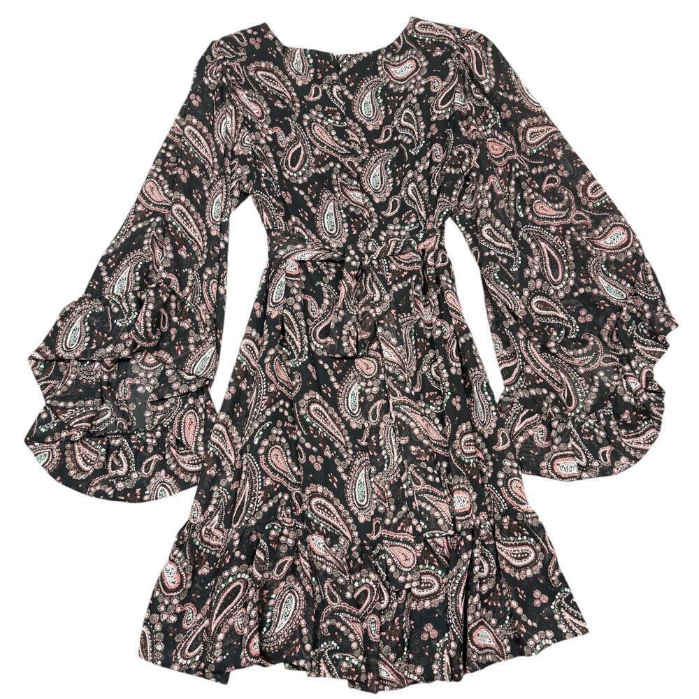 Betsey Johnson Black Pink Paisley Long Bell Sleeve Ruffle Mini Dress Size 8 - Picture 3 of 5